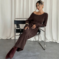 Slash Neck Cable Knit Bodycon Dress, Ladies Long Sleeve Off Shoulder Warm Knitted Midi Dress