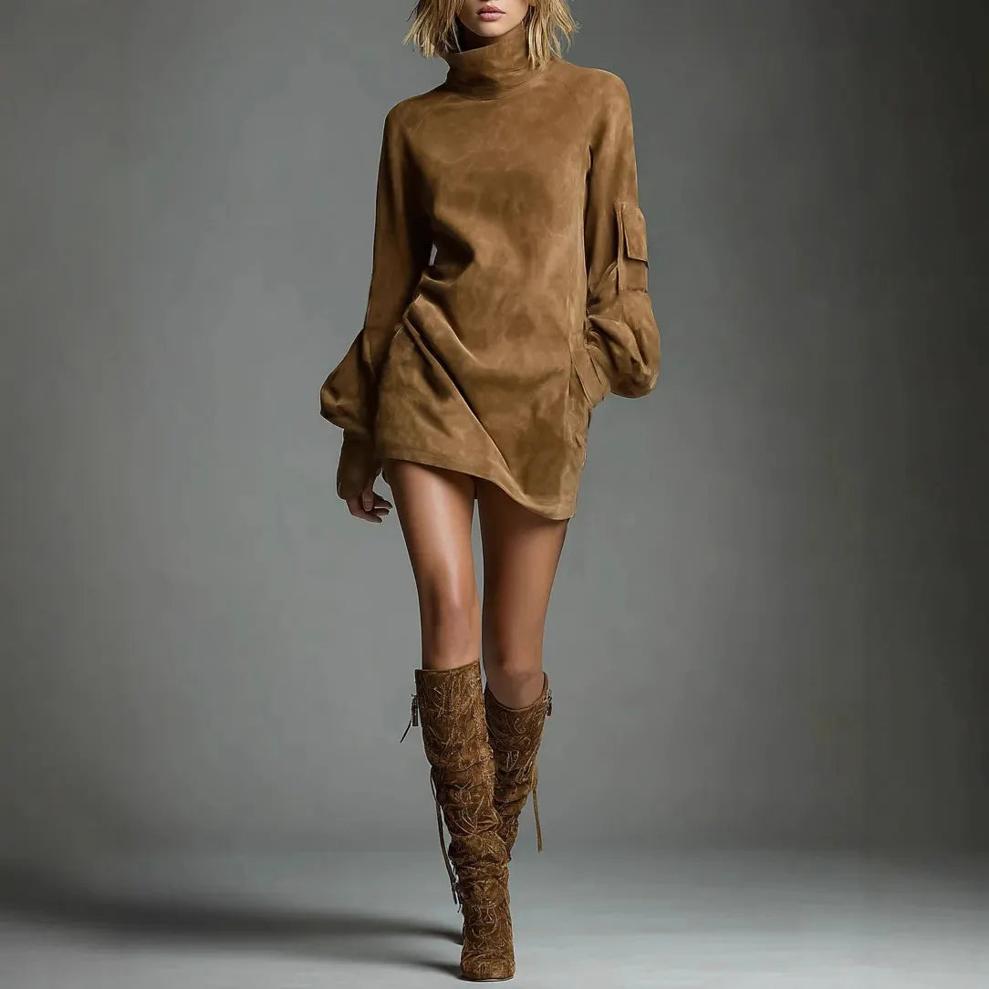 Retro Western Faux Suede Mini Dress High Neck Lantern Sleeve Cargo Pocket Loose Tunic Dress