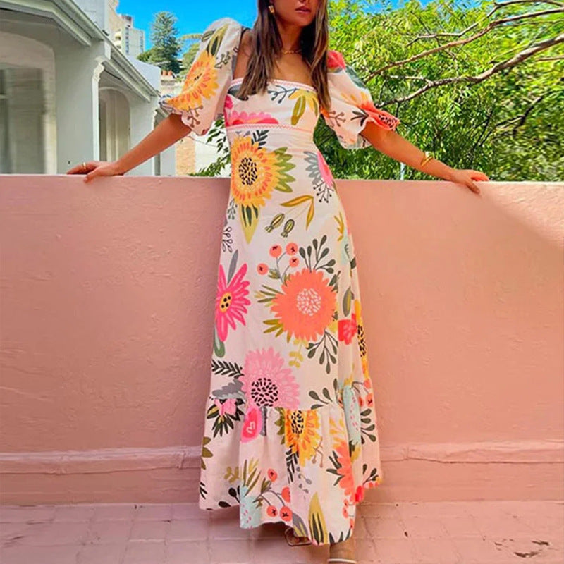 Print Square Neck Puff Sleeve Maxi Dress
