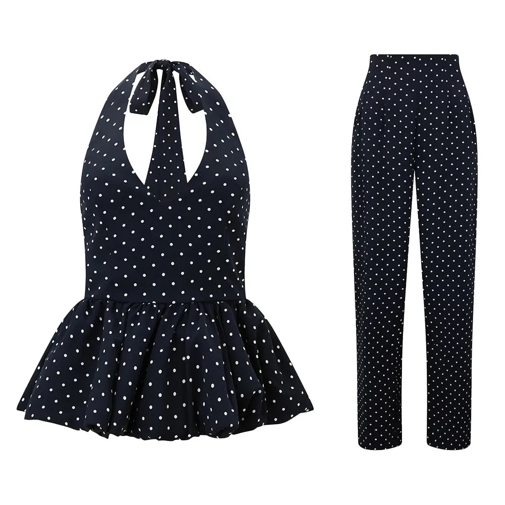 Polka Dot Halter Neck Tie Front Peplum Top and Wide Leg Pants 2 Piece Set