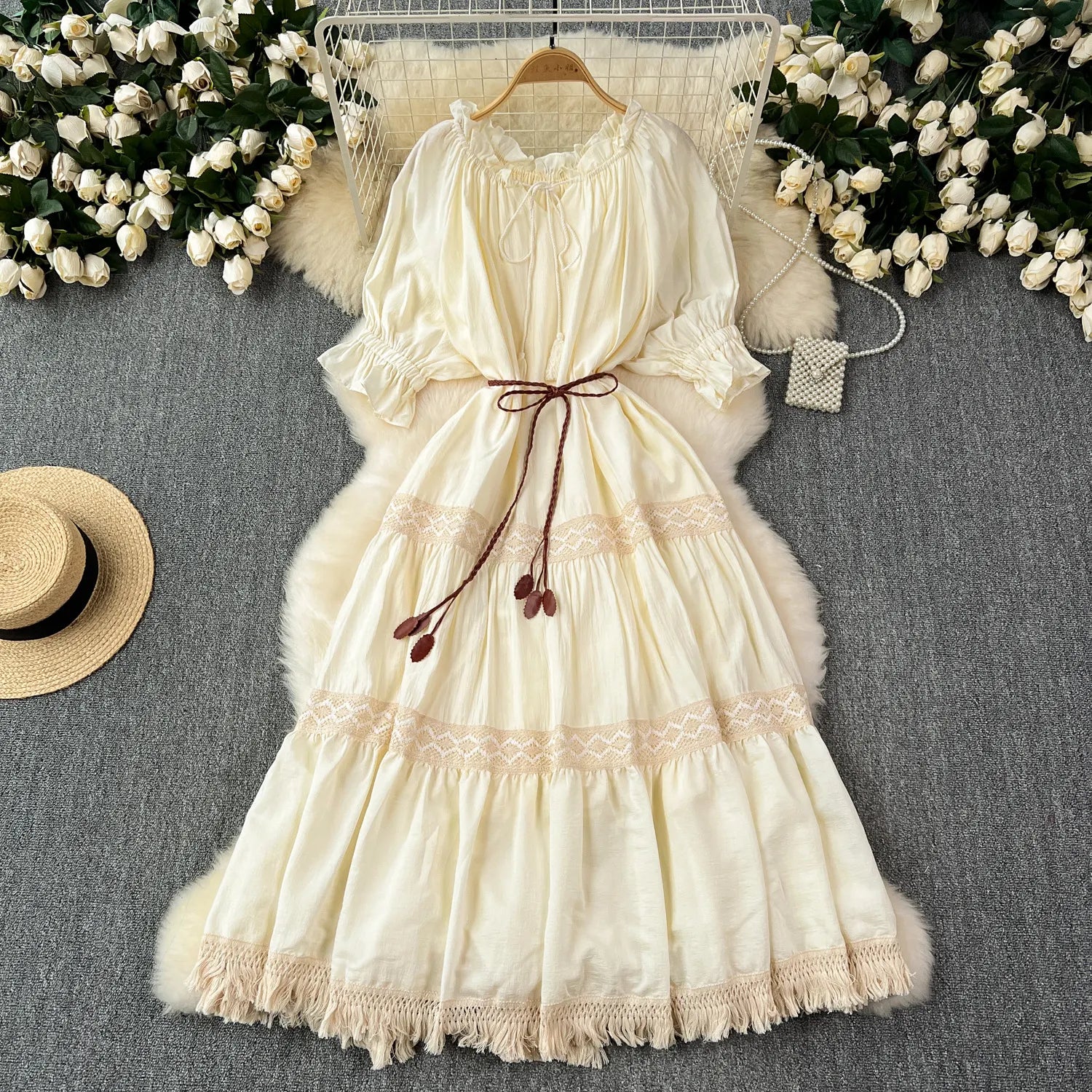 Ruffled Neck Drawstring Waist Lace Panel Tassel Hem Tiered Maxi Dress
