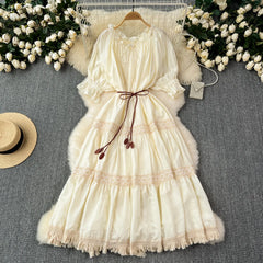 Ruffled Neck Drawstring Waist Lace Panel Tassel Hem Tiered Maxi Dress