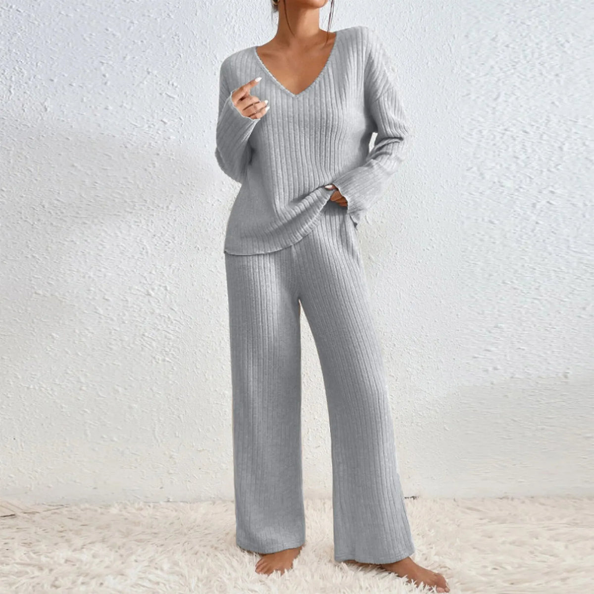 Ribbed Knit V Neck Long Sleeve Top and Wide Leg Pants 2 Piece Loungewear Set