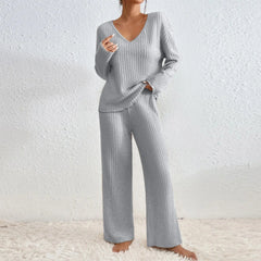 Ribbed Knit V Neck Long Sleeve Top and Wide Leg Pants 2 Piece Loungewear Set