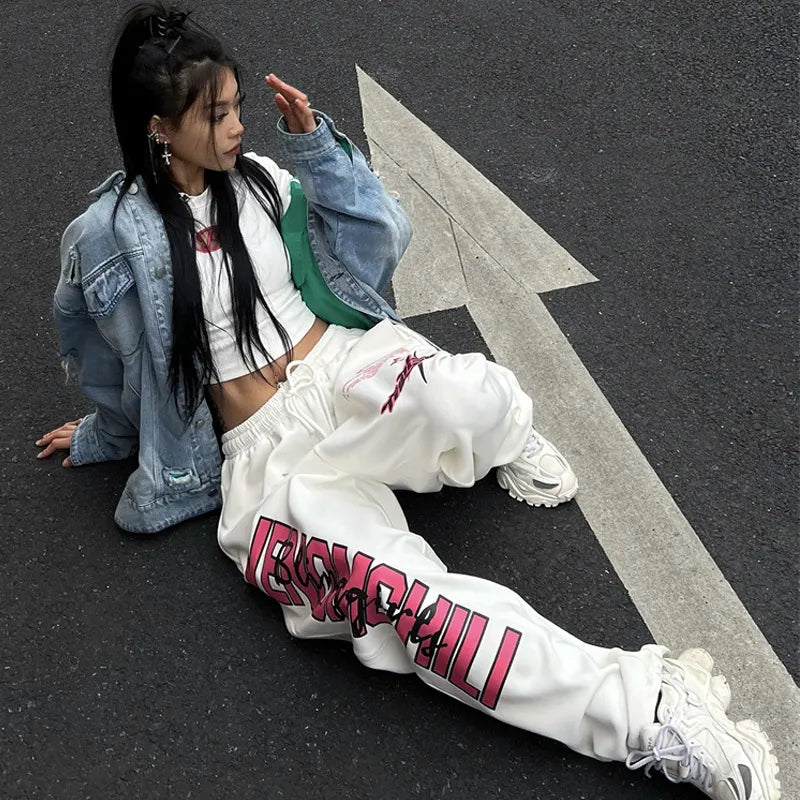 Letter Print Elastic Waist Baggy Wide Leg Sweatpants