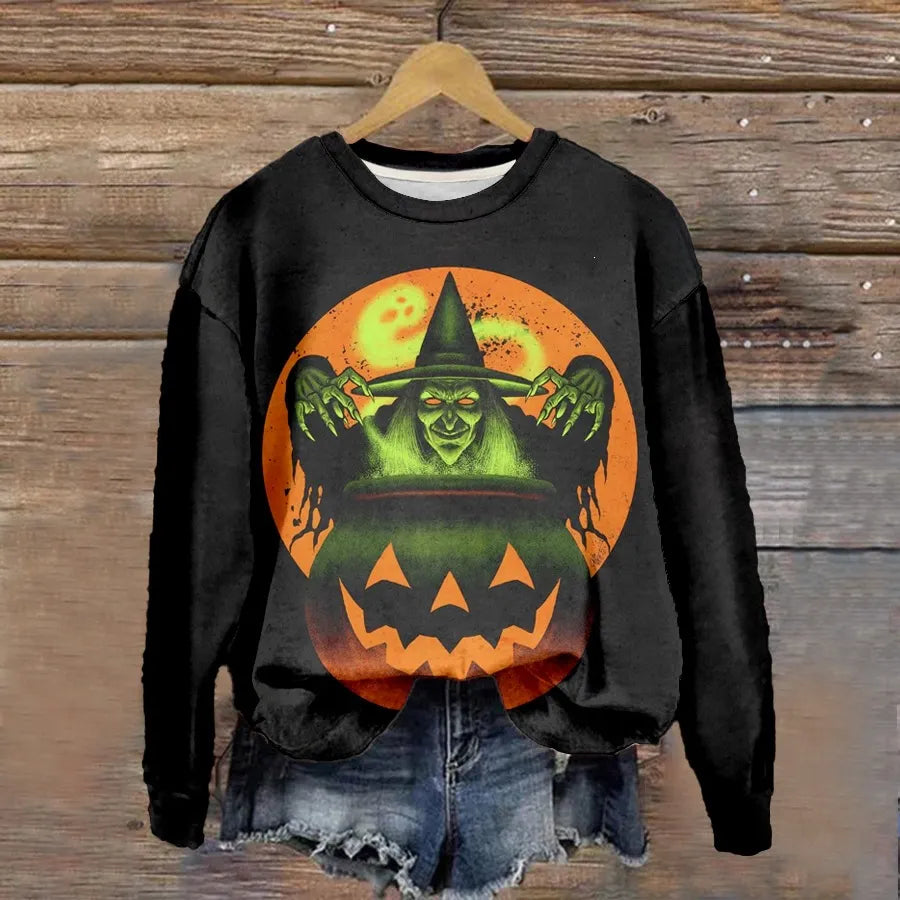 Halloween Witch Pumpkin Print Crew Neck Sweatshirt