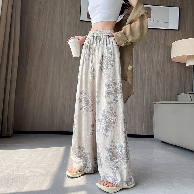 Vintage Floral Print Drawstring High Waist Micro Stretch Wide Leg Long Pants