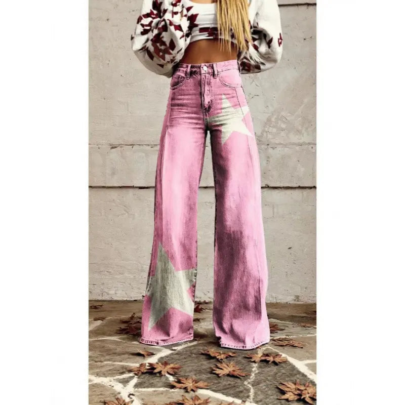 High Waist Western Cowboy Horse Print Wide Leg Pants