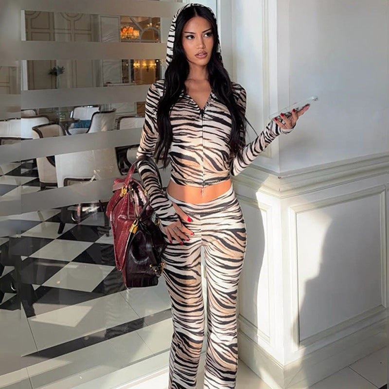 Y2K Animal Print Matching Tracksuit, Hood Zip Up Top & High Waist Flare Pant Set