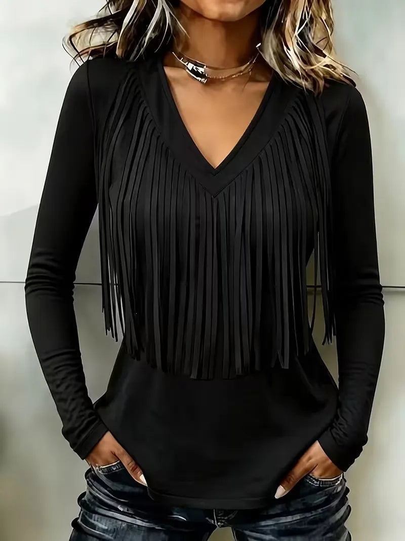 Country Style Fringed V Neck Shirt, Solid Burgundy Long Sleeve Slim Fit Western Cowboy Top