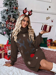 Turtleneck Reindeer Snowflake Christmas Knit Sweater Dress