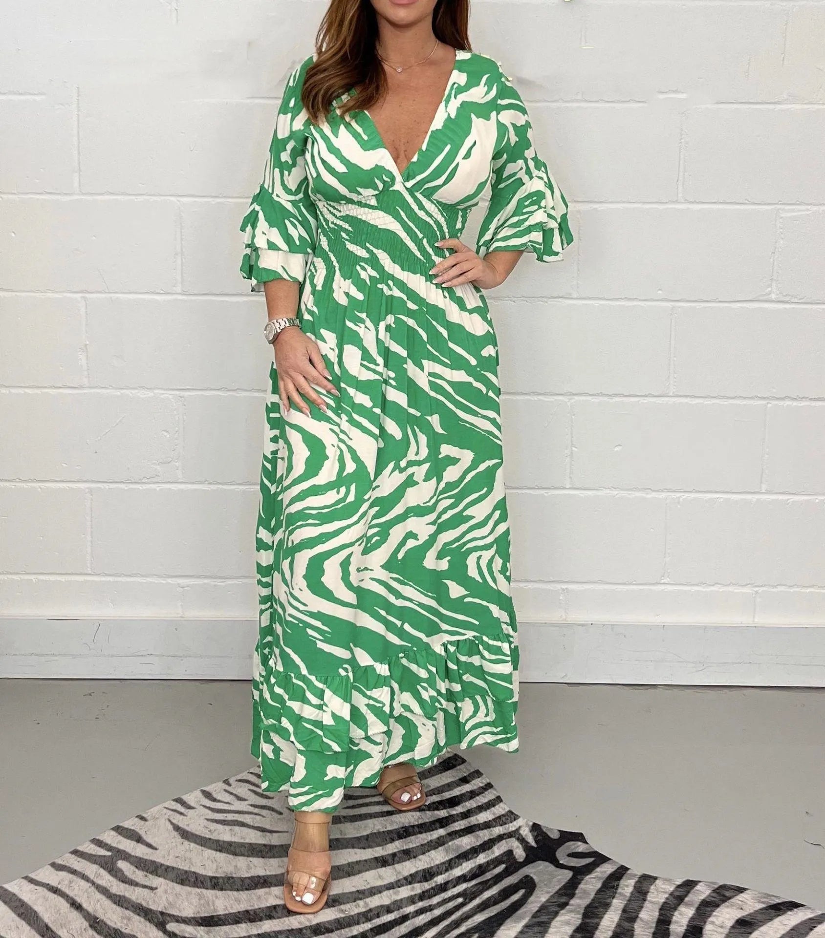 Abstract Print V-Neck Long Sleeve Maxi Dress