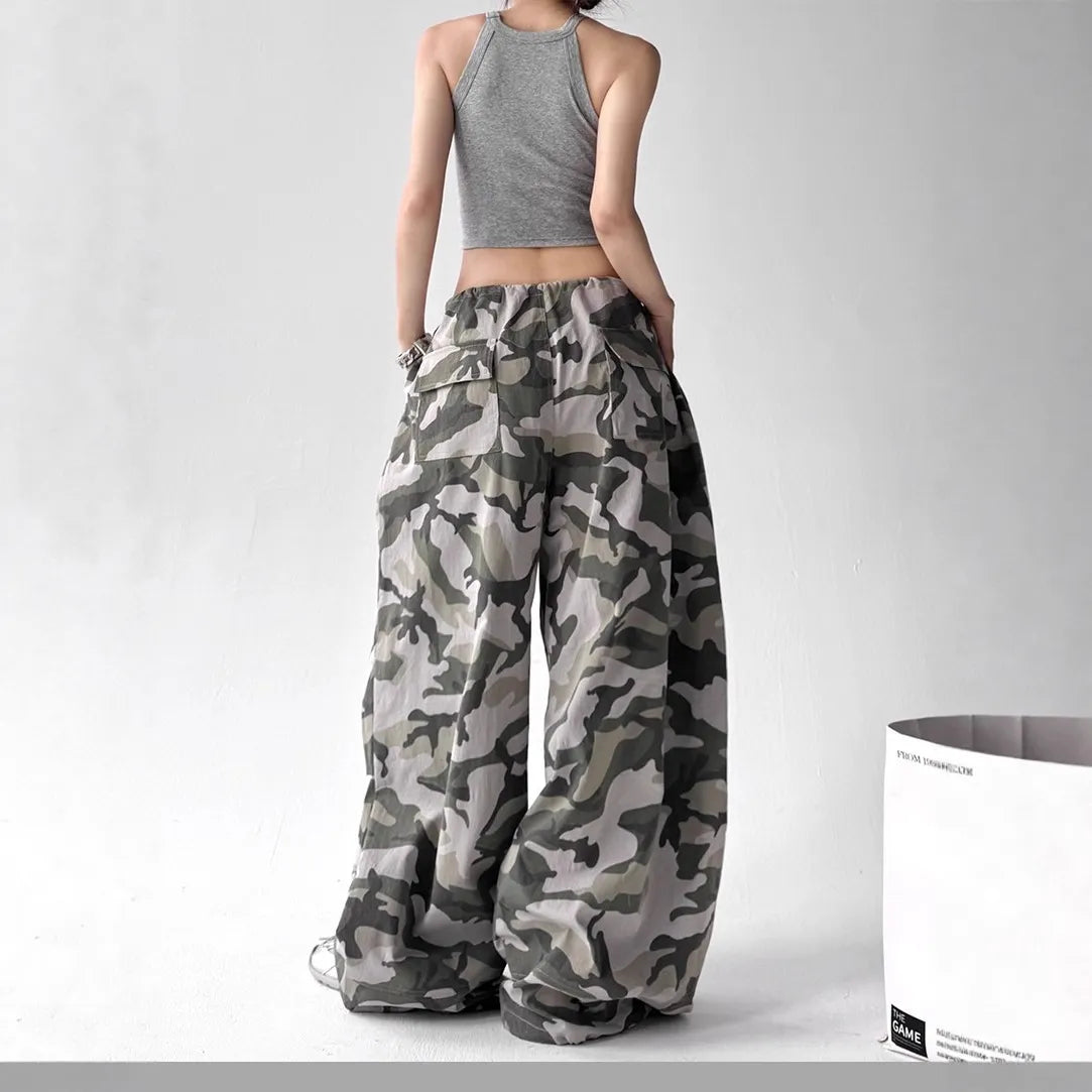 Printed Flare Work Pants | High Waist Camo Print Drawstring Wide Leg Hip Hop Cargo Trousers