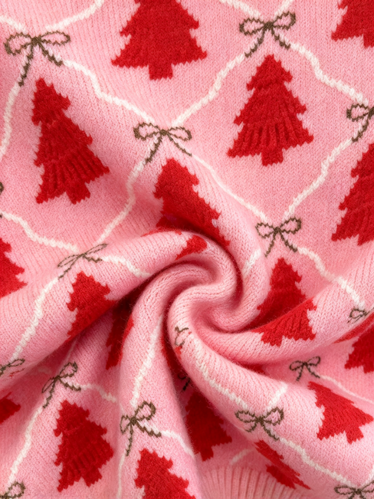 Pink Christmas Tree Bow Print Pullover Sweater