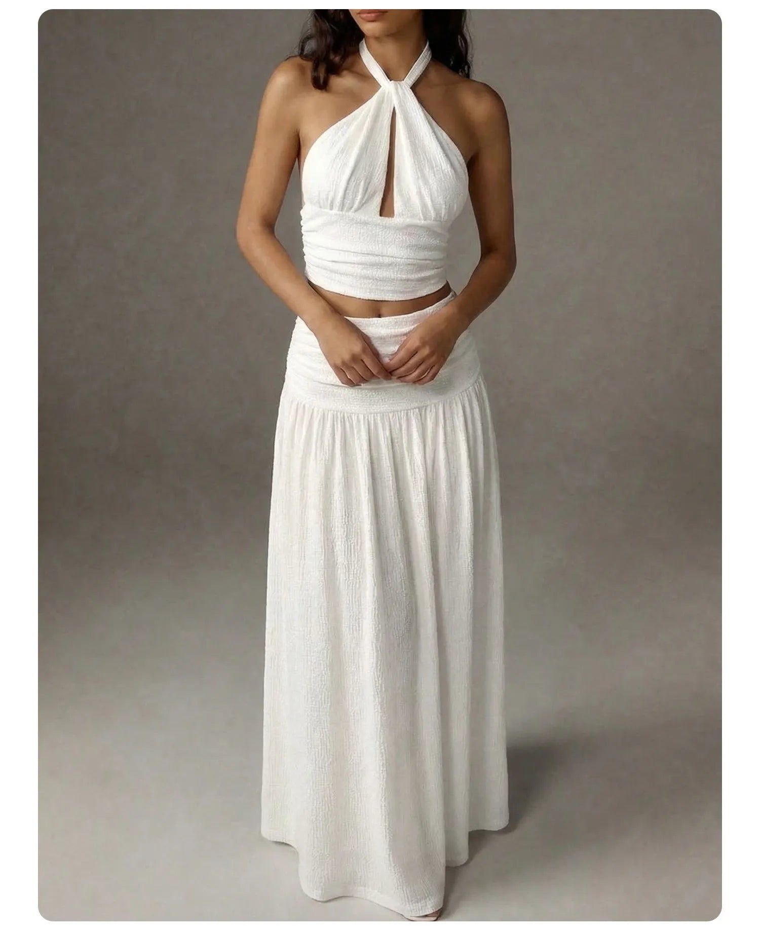 Halter Cutout Crop Top Maxi Skirt 2 Piece Outfit Textured Crinkle Matching Set
