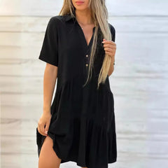 Solid Lapel Half Button Short Sleeve Loose Tiered Cotton Linen Midi Shirt Dress