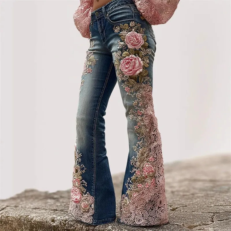 Retro Floral Embossed Flare Jeans