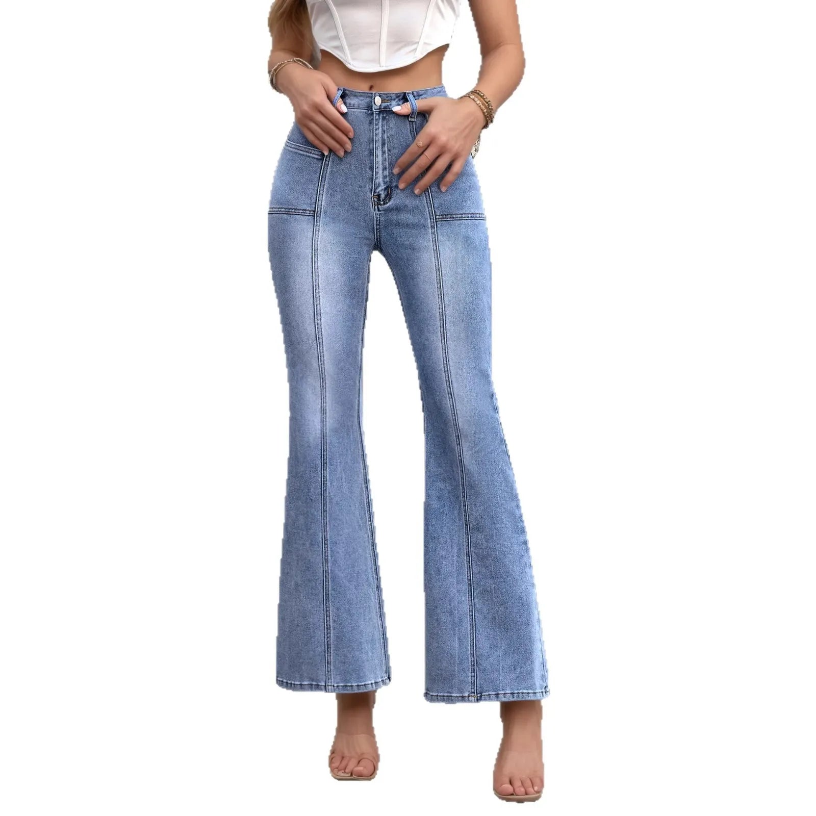 Mid-Rise Washed Solid Color Slim Flared Stretch Long Denim Jeans