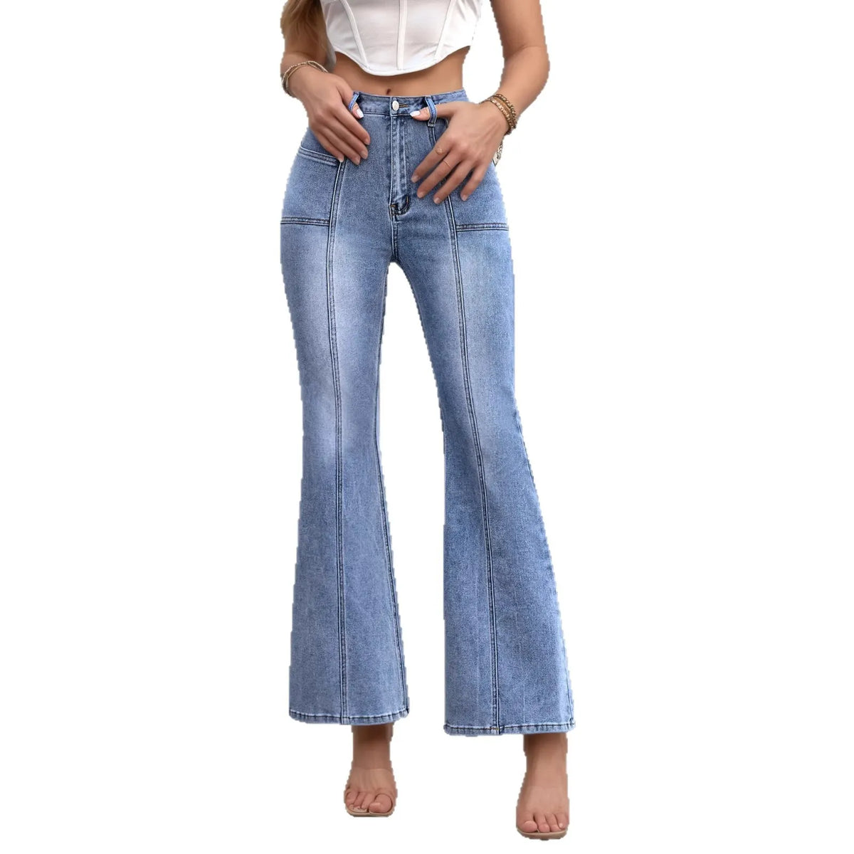 Mid-Rise Washed Solid Color Slim Flared Stretch Long Denim Jeans