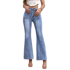 Mid-Rise Washed Solid Color Slim Flared Stretch Long Denim Jeans
