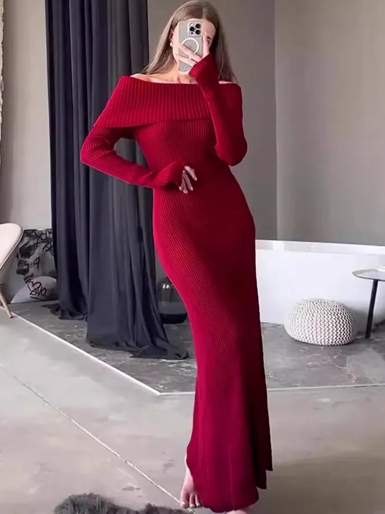 Off Shoulder Ribbed Knit Maxi Dress
