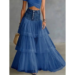 High Waist Denim Patchwork Tiered Tulle Maxi Skirt