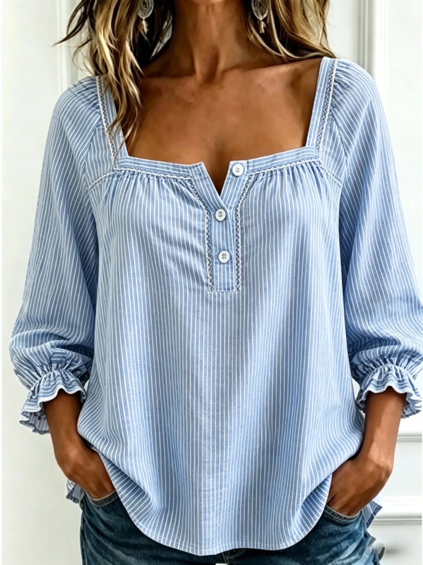 Plaid Square Neck Button Front Bubble 7/4 Sleeve Loose Casual Blouse