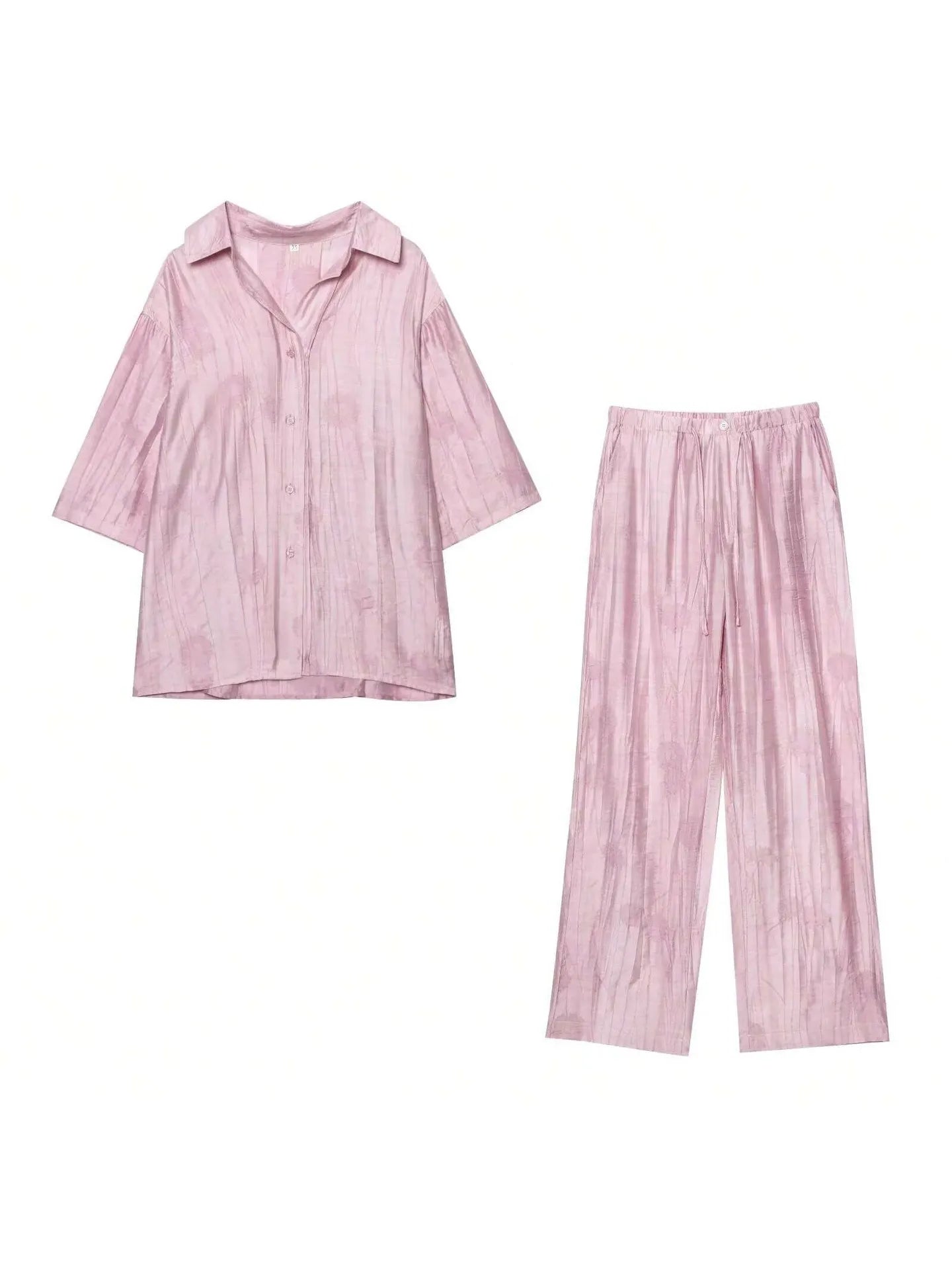 Printed Lapel 3/4 Sleeve Shirt & Wide Leg Long Pants Two Piece Casual Set