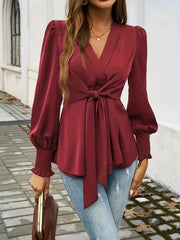 Wrap V-Neck Tie Waist Blouse