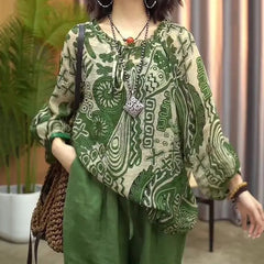 Round Neck Plant Floral Print Loose Long Sleeve Chiffon Commuter Blouse