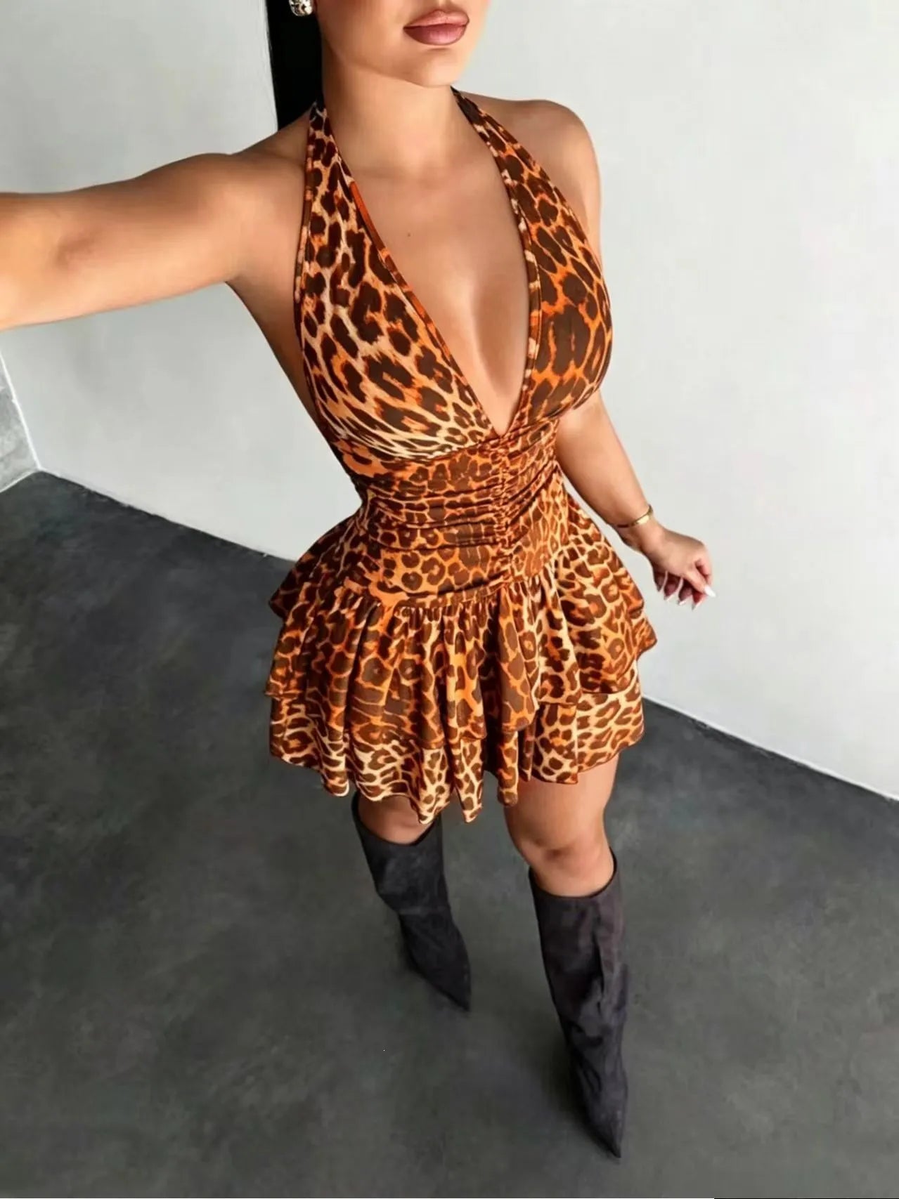 Leopard Print Deep V-Neck Halter Ruched Ruffle Mini Dress