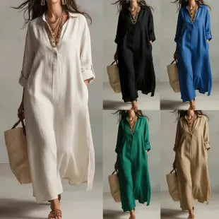 Shirt Collar Seven-Quarter Sleeve Loose Cotton Linen A-Line Maxi Shirt Dress