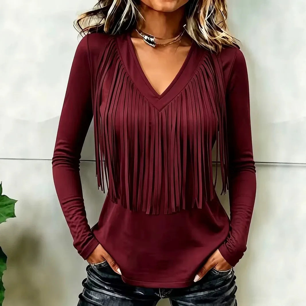 Country Style Fringed V Neck Shirt, Solid Burgundy Long Sleeve Slim Fit Western Cowboy Top