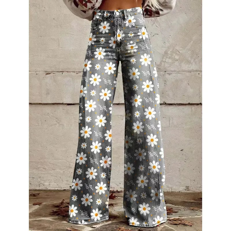 High Waist Western Cowboy Horse Print Wide Leg Pants