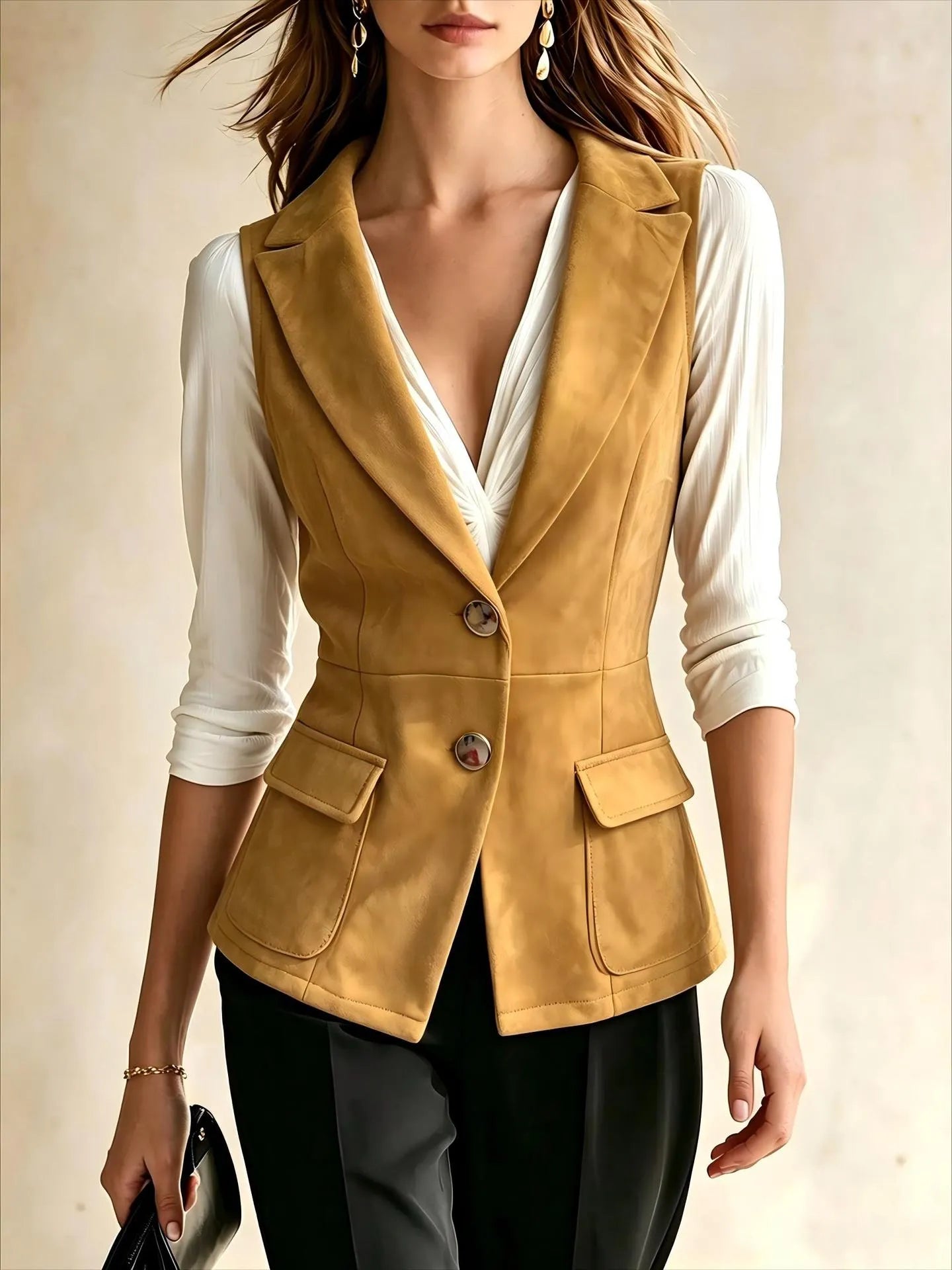 Black Fitted Blazer Vest, Sleeveless Notched Lapel Button Waistcoat for Office & Daily