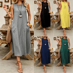 Solid Color Round Neck Sleeveless Loose A-Line Pocket Casual Maxi Dress