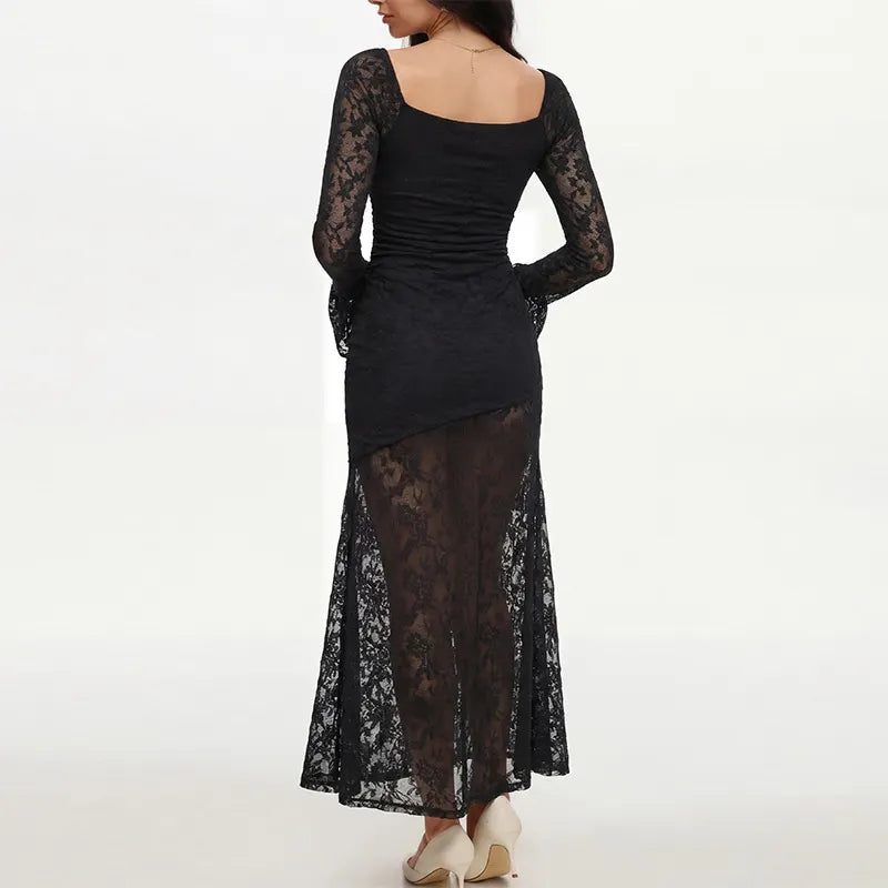 Black Lace Flare-Sleeve Midi Dress