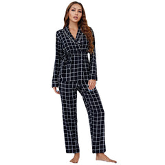 Grid Print Wrap Pajama Set Long Sleeve Belted Lapel Top & Long Pants Lounge Wear