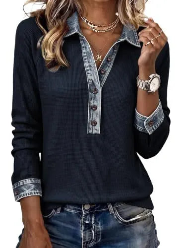 Contrast Denim Trim Half Button V-Neck Long Sleeve Blouse
