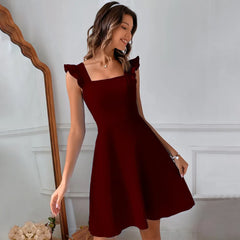 Solid Square Neck Ruffle Strap Flare Mini Dress