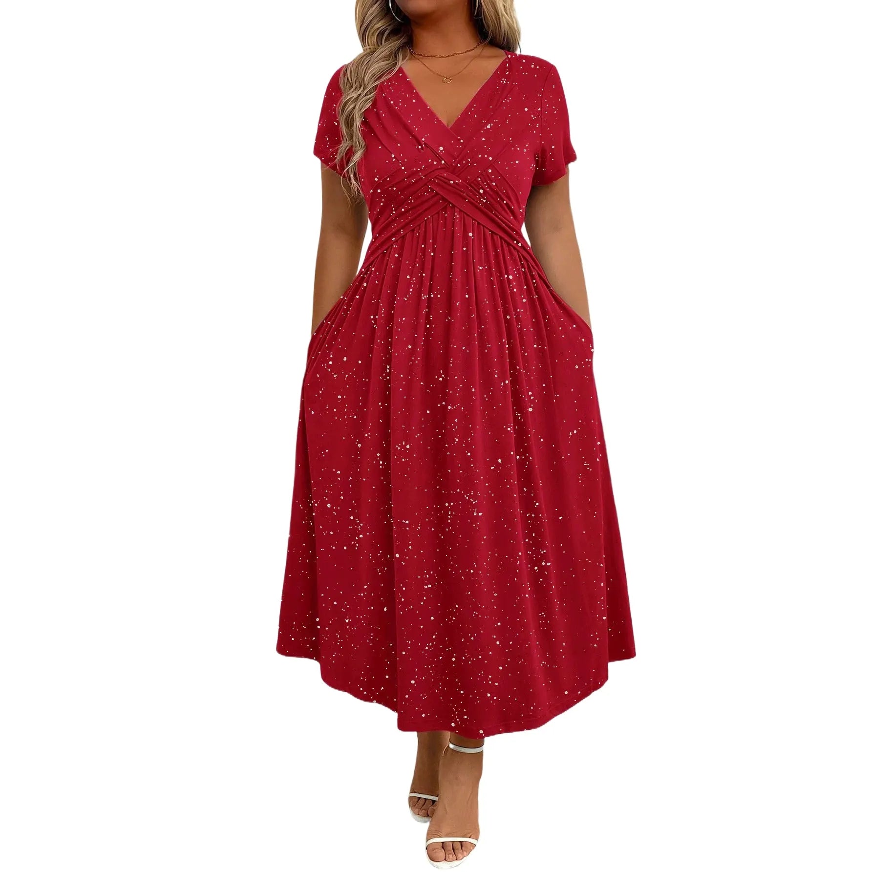 Twist Front A Line Midi Dress, Short Sleeve V-Neck Glitter Dot Print Dress with Pockets