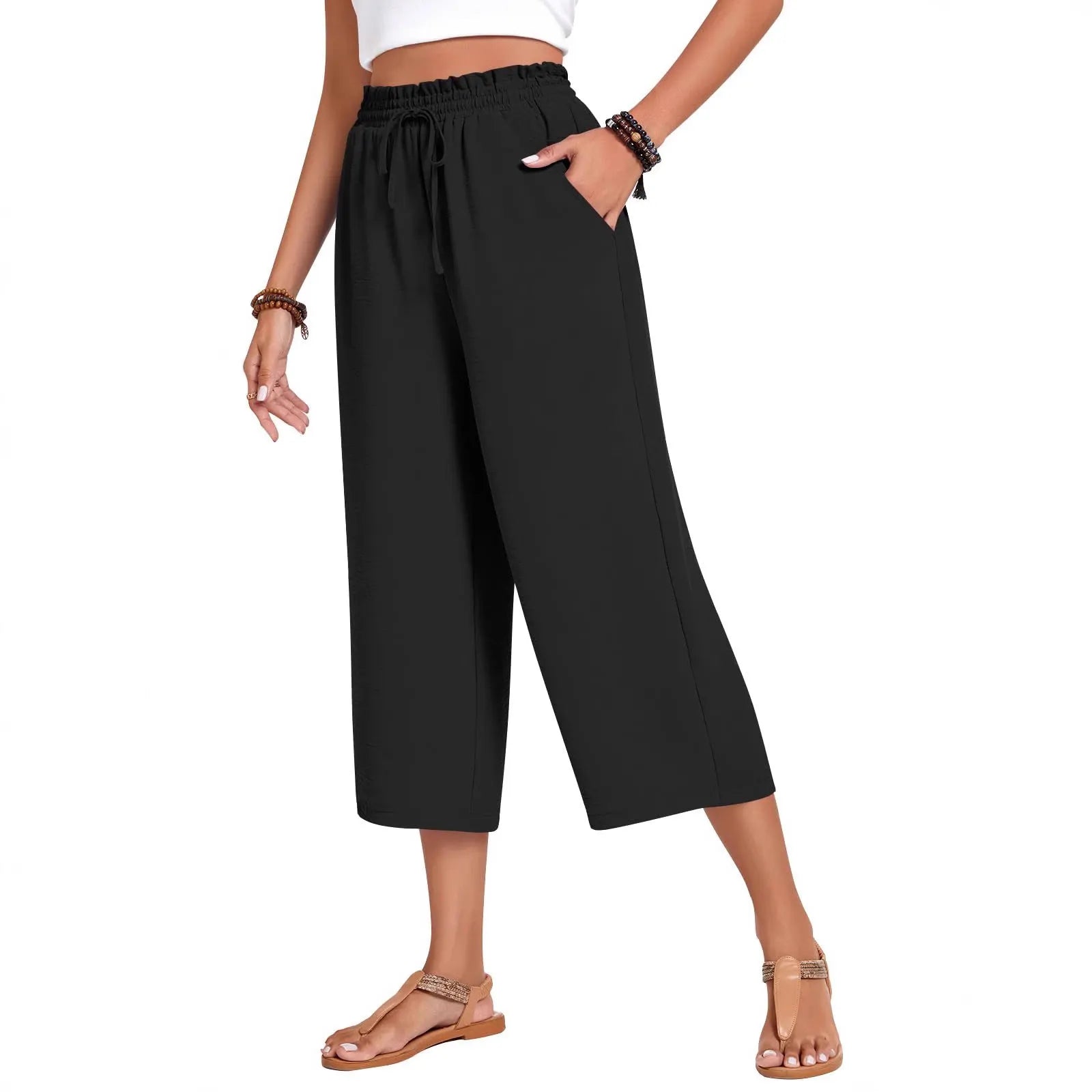 Matching Flowy Linen Look Floral Print Drawstring High Waist Loose Cropped Casual Daily Outfit Pants