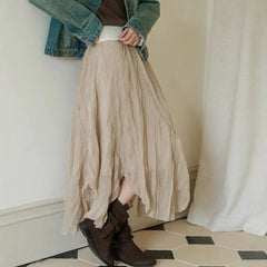 Beige Irregular Ruffled Midi Skirt