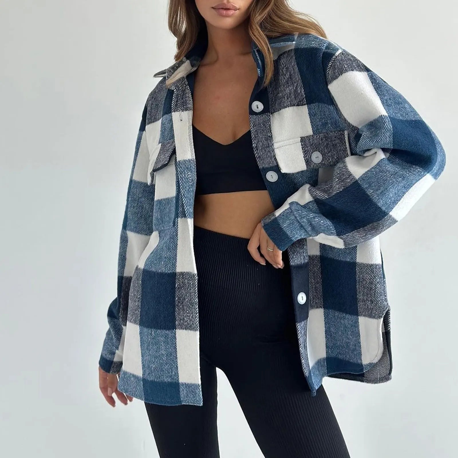 Grey Black Check Shacket, Loose Long Sleeve Plaid Shirt Jacket for Autumn