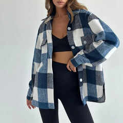 Grey Black Check Shacket, Loose Long Sleeve Plaid Shirt Jacket for Autumn