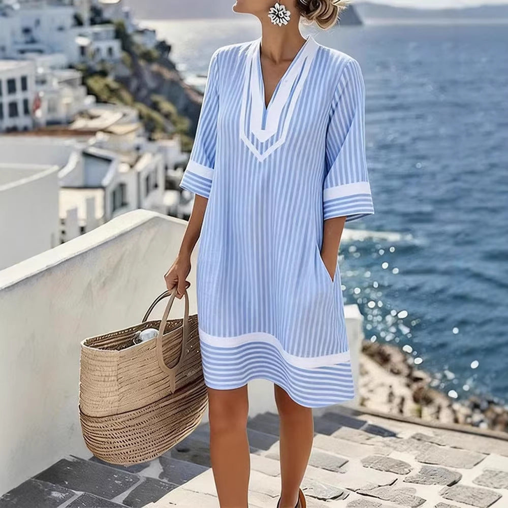 Vertical Striped V Neck Midi Dress