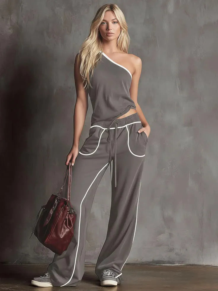 Contrast Piping One Shoulder Tank & Wide Leg Pants Two Piece Tracksuit Set