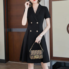 Navy Blue V-Neck Short-Sleeve Blazer Midi Dress