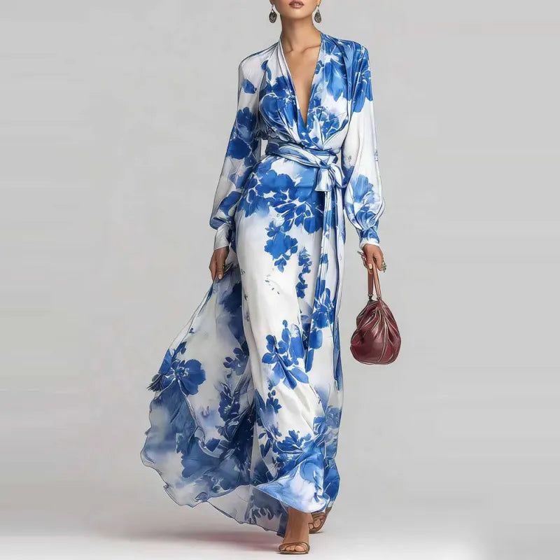 Pink Floral Deep V-Neck Belted Long Sleeve Maxi Dress