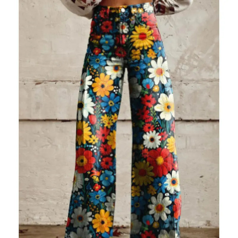 High Waist Western Cowboy Horse Print Wide Leg Pants